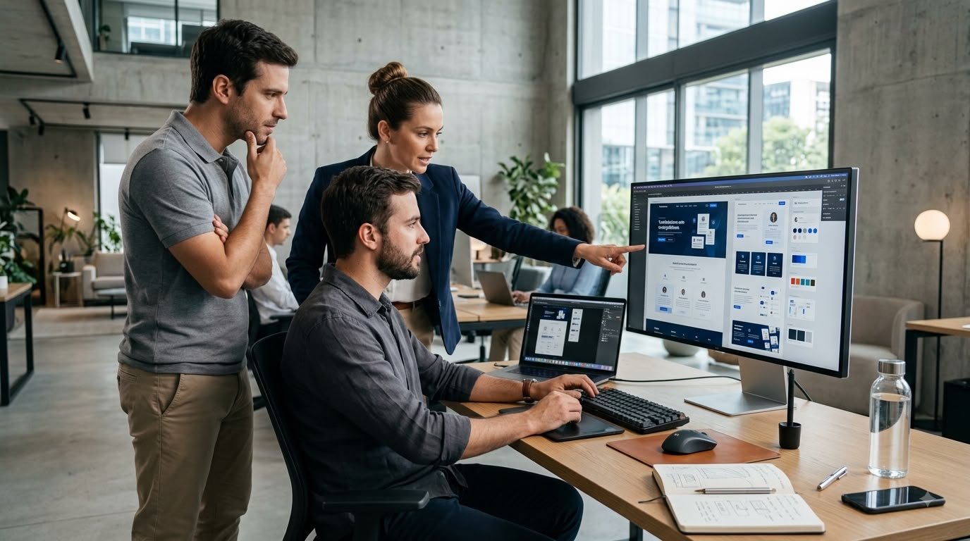 Equipe de marketing e design da leoa.digital revisando um wireframe de site em um monitor