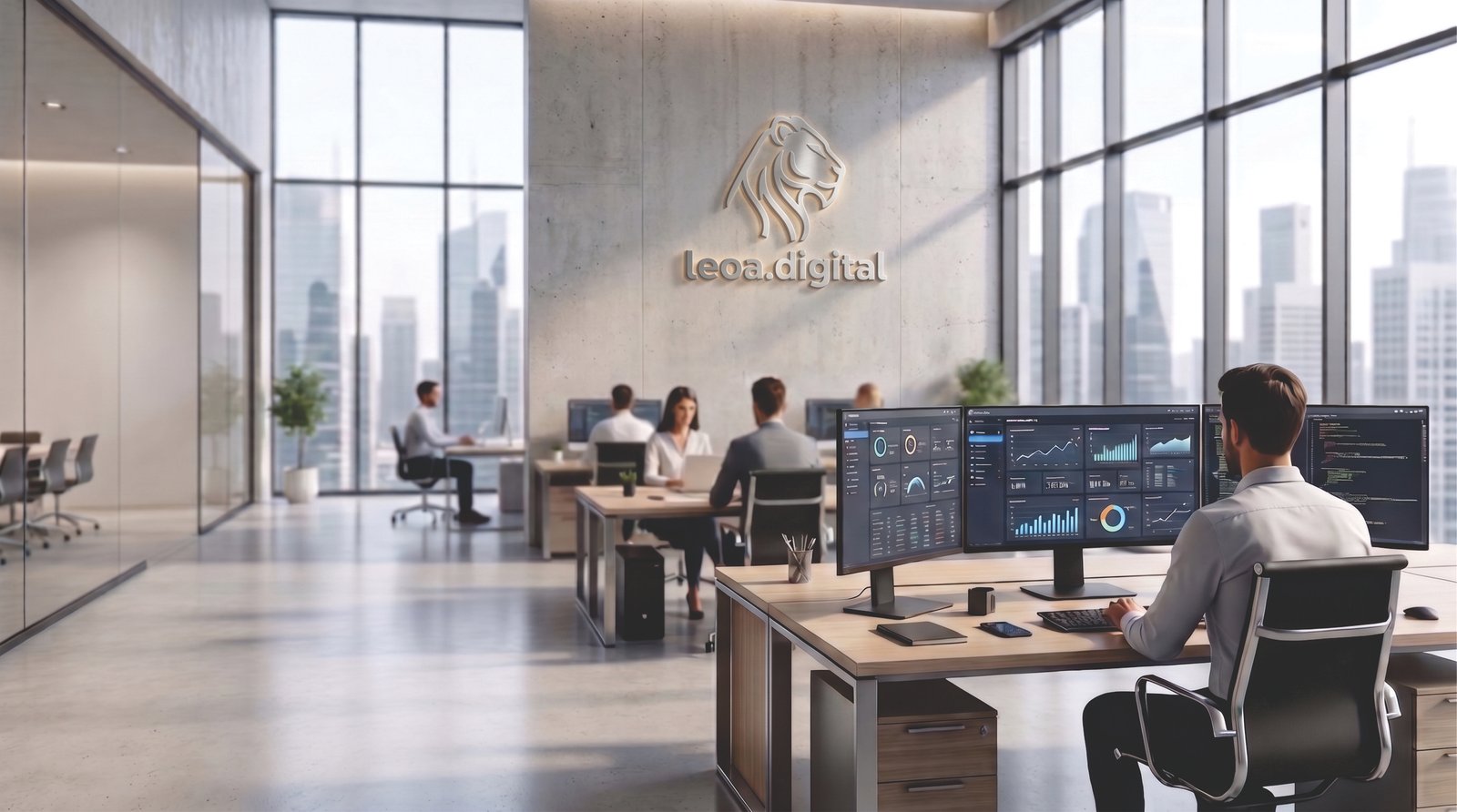 Desenvolvedor da leoa.digital programando um sistema com múltiplos monitores exibindo dashboards e métricas